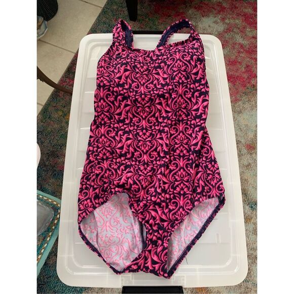 Women's Lands End Pink Navy Hobo Printed One Piece Bathing Swimsuit - Picture 1 of 10